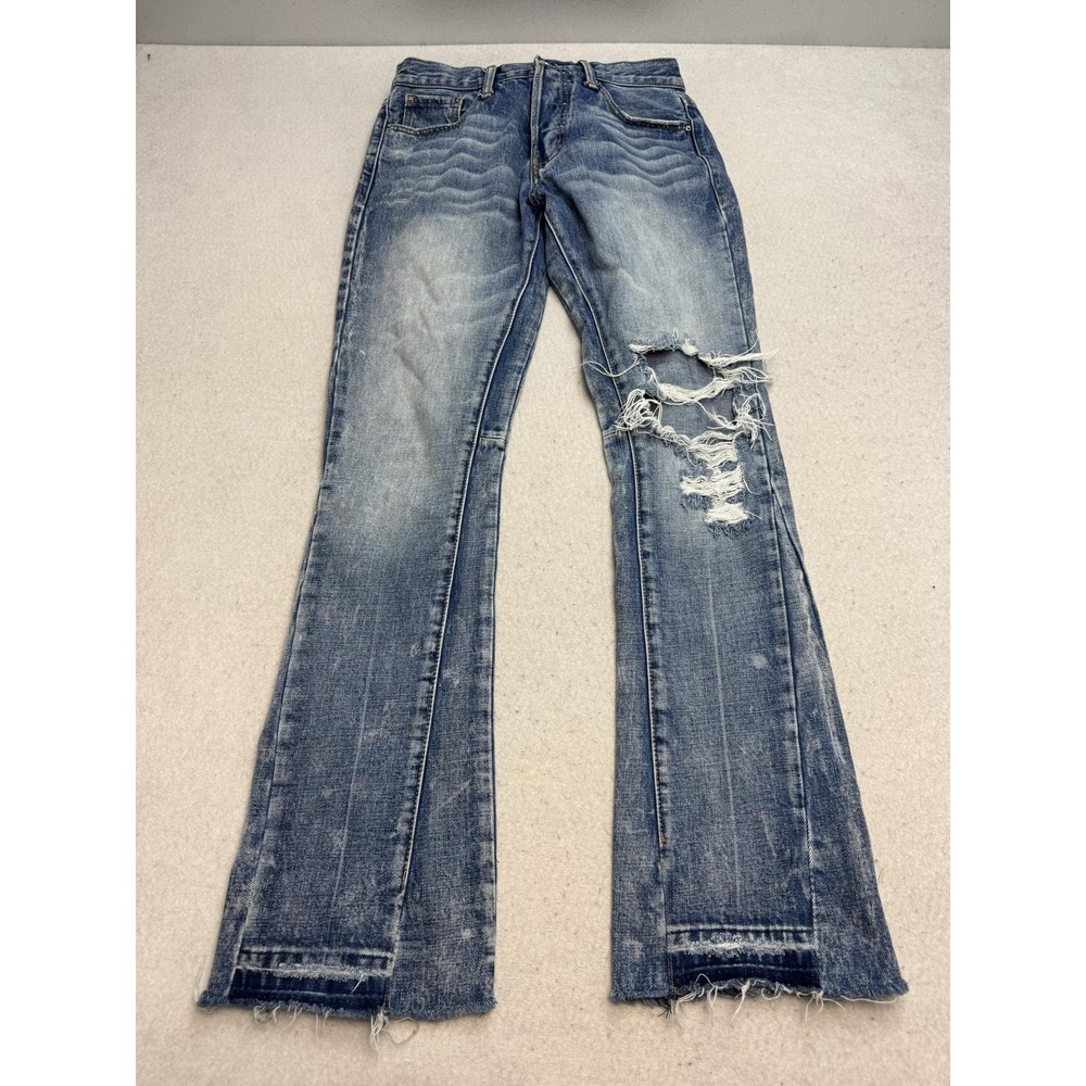Mnml Jeans Mens 30x33* Blue Slim Bootcut Distressed Ripped Denim Frayed Hem